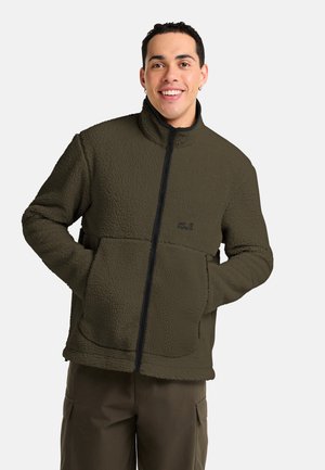 Fleece jacket in olive green with a zip front, high collar, and two front pockets. Textured fabric with a soft, plush finish.