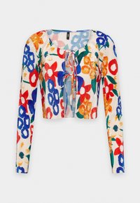 Kurzärmeliges, verkürztes Blusenshirt mit einem bunten Blumenmuster in Blau, Rot und Gelb. Hergestellt aus geripptem Stoff und mit einer Knotendetail vorne.