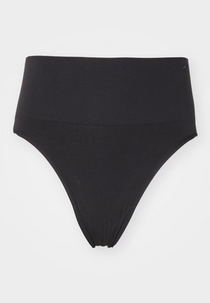 High-waisted black bikini bottom made of smooth fabric, featuring a stretchy waistband and a minimalistic design. No patterns or accents.