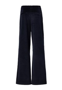 Marineblaue Schlaghosen aus weichem Stoff, mit hohem Bund, Gesäßtaschen und einer glatten Textur.