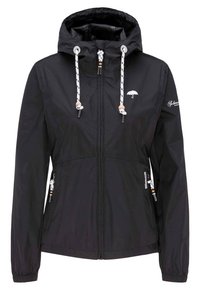 Giacca nera con cappuccio e lacci bianchi, chiusura frontale con zip, due tasche laterali con zip, logo a ombrello sul petto e testo del marchio sul maniche sinistro.