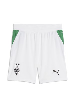 Weiße Sportschuhe mit grünen Seitenpanelen, Borussia Mönchengladbach-Logo am linken Bein und schwarzem Puma-Logo am rechten Bein.