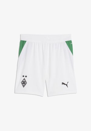 Weiße Sportschuhe mit grünen Seitenpanelen, Borussia Mönchengladbach-Logo am linken Bein und schwarzem Puma-Logo am rechten Bein.