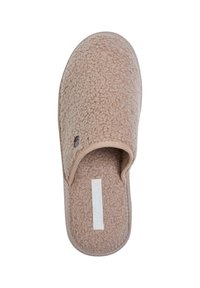 Beige tøfler med myk, teksturert fleece-overdel, åpen bakdesign og flat såle. Har en hvit etikett inni og en liten metallaksel.