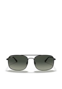 Occhiali da sole Ray-Ban con montatura in metallo nero, lenti quadrate con una sfumatura verde, e particolari ganci per le orecchie per una vestibilità sicura.