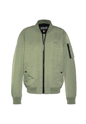 Lysegrøn bomberjakke med frontlynlås, ribbet krave og manchetter, to sidelommer og lynlåslomme på venstre ærme, Schott-logo på brystet.