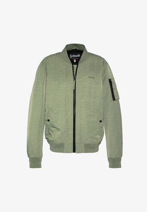 Hellgrüne Bomberjacke mit Frontreißverschluss, geripptem Kragen und Bündchen, zwei Seitentaschen und Reißverschlusstasche am linken Ärmel, Schott-Logo auf der Brust.