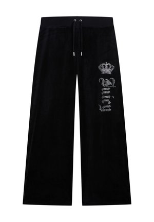 Schwarze Hose mit weitem Bein und Kordelzugbund, mit einer Strasskrone und dem Schriftzug "Juicy" am rechten Oberschenkel.
