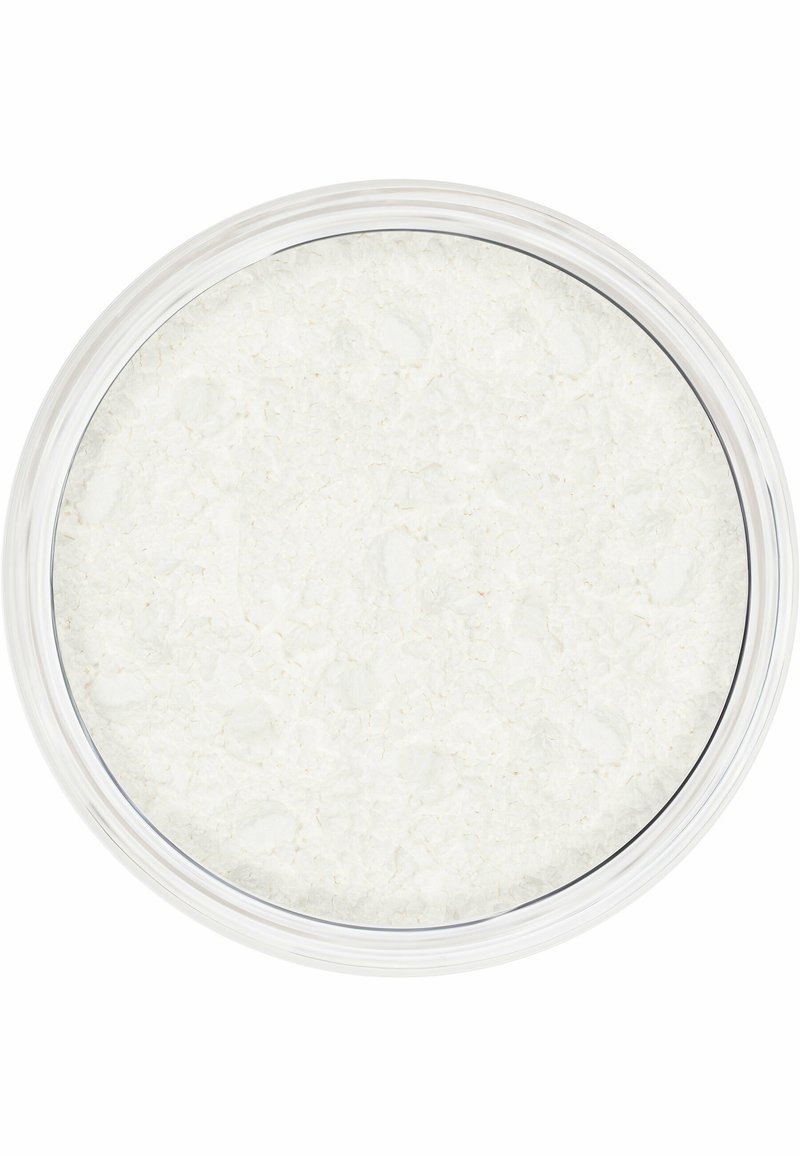 Weißes grobkörniges Salz in einem klaren runden Behälter. Der Deckel ist transparent mit einem schwarzen Rand und zeigt die strukturierte, körnige Oberfläche des Salzes.