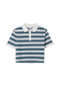 Polo a maniche corte e corte con colletto bianco e righe orizzontali verdi, blu navy e bianche.