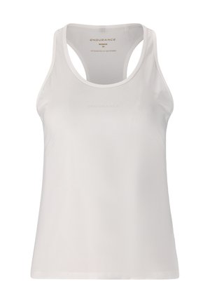 Weißes sportliches Tanktop mit Racerback-Design, glatter Textur und minimaler Branding-Elementen auf der Vorderseite. Verfügt über einen atmungsaktiven Mesh-Ausschnitt.