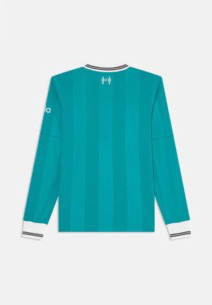 Jersey de manga larga en color teal con rayas verticales, puños blancos con ribetes negros y detalles del logotipo en la parte posterior y en la manga.