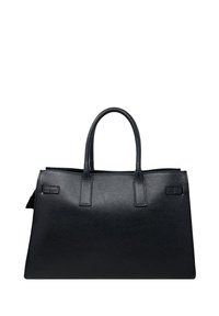 Borsa a tracolla nera in pelle con finitura testurizzata, forma strutturata, due manici rotondi e un piccolo dettaglio decorativo sul lato.