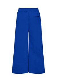 Blue wide-leg pants with elastic waistband and single back pocket, shown from the rear on a plain white background.
