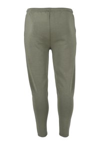Olivengrønne leggings med en glat tekstur, tætsiddende design, elastisk talje og tapered ben. Ingen synlige mønstre eller metalgenstande.