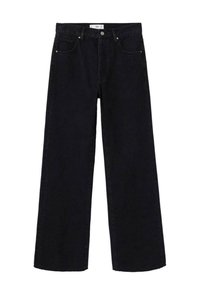 Jean denim noir à jambes droites avec passants pour ceinture, fermeture avant par bouton et fermeture éclair, et poches avant et arrière.