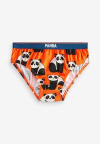 Lasten alushousut, joissa on oranssi tausta ja toistuvat pandakuviot. Vyötärönauha on sininen ja siinä lukee valkoisella "PANDA".