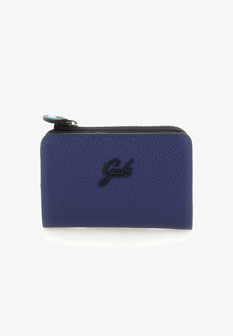 Portafoglio rettangolare compatto in pelle blu con texture a granuli, zip nera con dettaglio blu e logo "Gabs" impresso sul davanti.