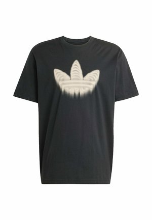 T-shirt nera a maniche corte con un design del logo color crema sbiadito sul davanti, con colletto rotondo classico e vestibilità comoda.