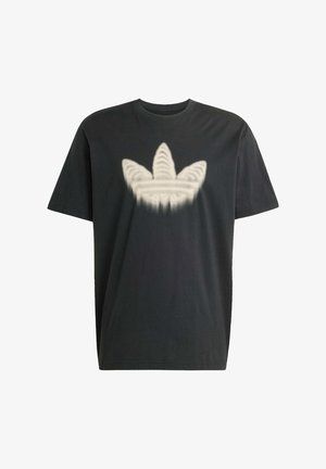 T-shirt nera a maniche corte con un design del logo color crema sbiadito sul davanti, con colletto rotondo classico e vestibilità comoda.