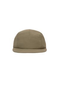 Beige cap with a rounded crown, flat brim, and stitched detailing. Made from smooth fabric with no visible logos or embellishments.