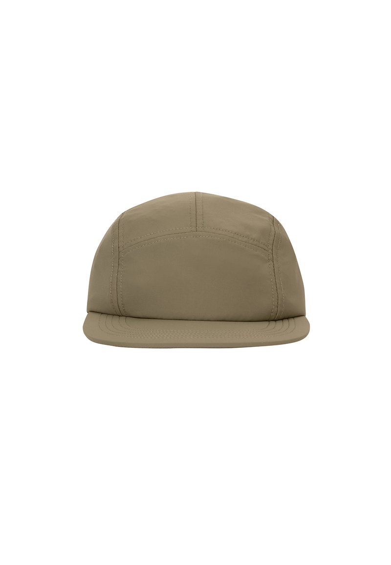 Beige cap with a rounded crown, flat brim, and stitched detailing. Made from smooth fabric with no visible logos or embellishments.