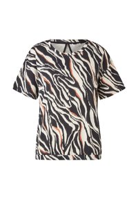 Top de manga corta en tejido ligero que presenta un estampado de cebra en blanco y negro con acentos naranjas, escote redondeado y ajuste relajado.