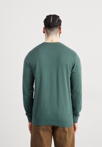 Pull en maille vert à manches longues, col rond et ourlet côtelé. Le matériau semble doux avec une texture lisse, sans motifs visibles.