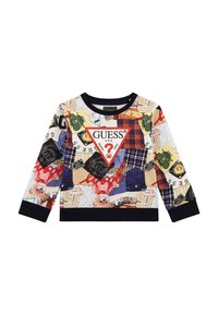 Mehrfarbiger Pullover mit Collage-Print, Patches, einem Logo-Dreieck, langen Ärmeln sowie einem gerippten Kragen und Bündchen.