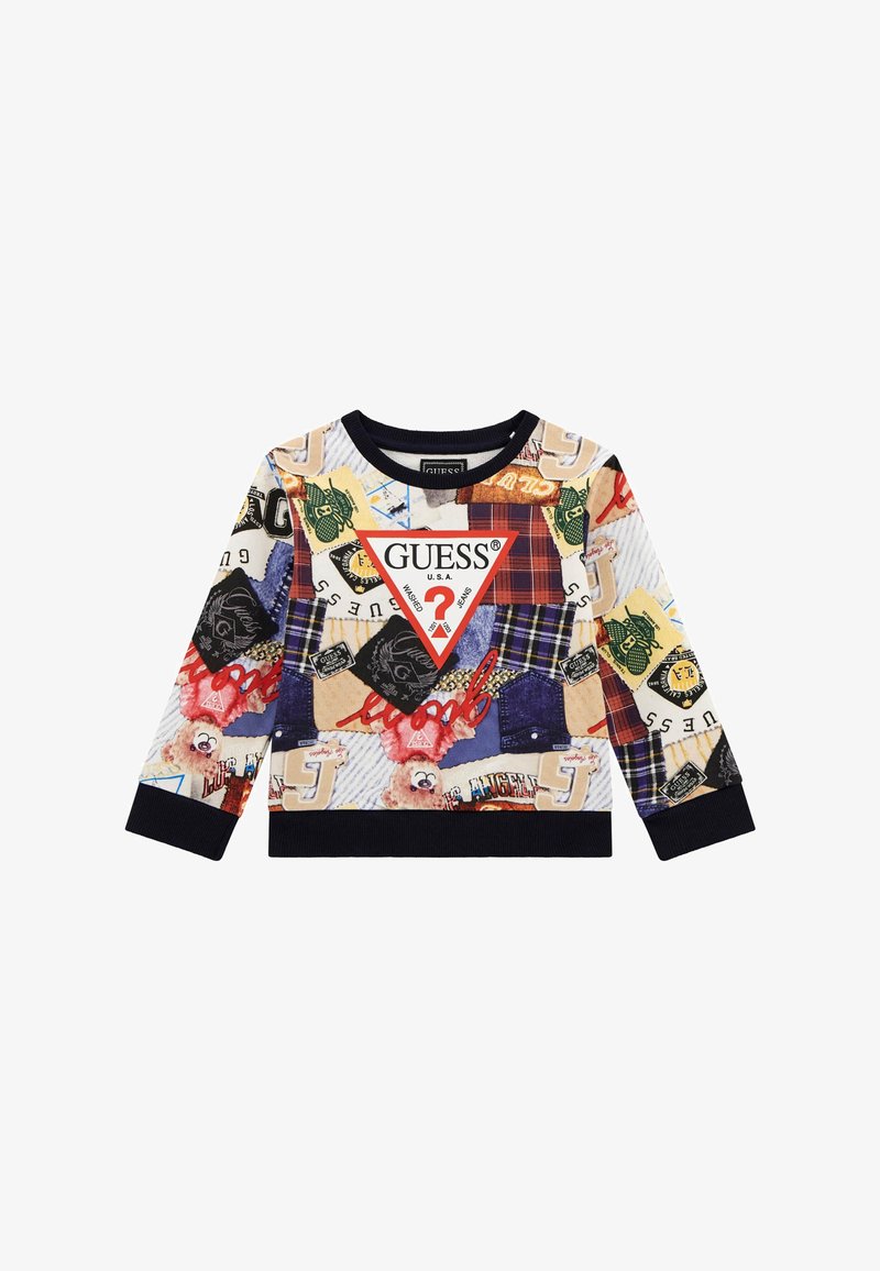 Multicolored sweater featuring a collage print with patches, a logo triangle, long sleeves, and a ribbed neckline and cuffs.