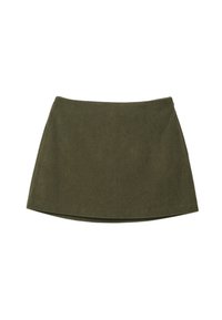 Jupe mini en velours côtelé vert olive avec une silhouette droite et une texture lisse, dotée de côtes horizontales pour un détail supplémentaire.
