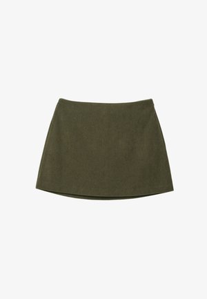 Olive green corduroy mini skirt with a straight silhouette and a smooth texture, features horizontal ribbing for added detail.