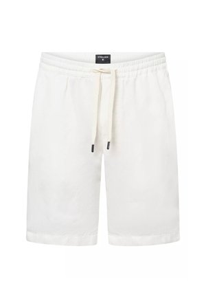Weiße Leinen-Shorts mit einem Kordelzugbund, ausgestattet mit einer glatten Textur und umgeschlagenem Saum. Markenetikett am Bund sichtbar.