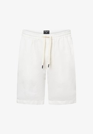 Weiße Leinen-Shorts mit einem Kordelzugbund, ausgestattet mit einer glatten Textur und umgeschlagenem Saum. Markenetikett am Bund sichtbar.