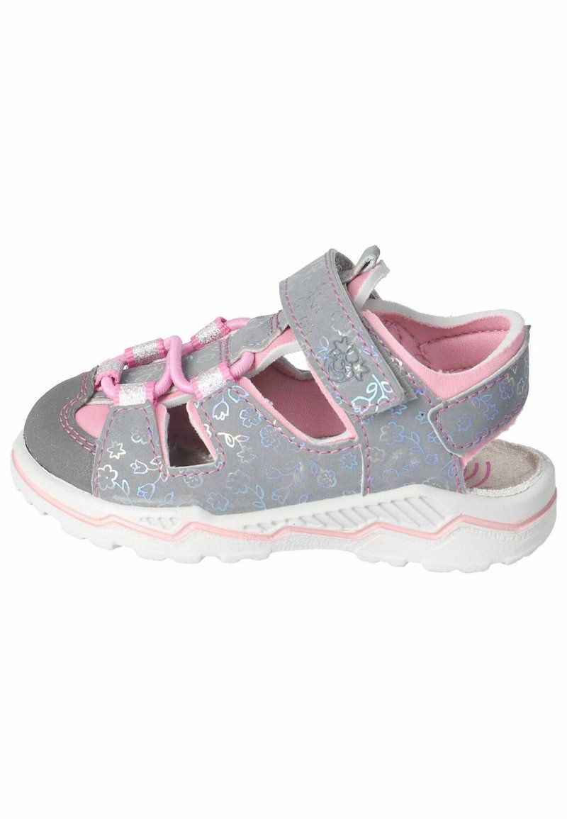 Sandalias grises y rosas con patrones florales, correas ajustables, diseño de punta abierta y una suela de goma blanca con acentos texturizados.