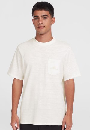 Light cream short-sleeve t-shirt made of textured fabric. Features a left chest pocket with a subtle logo and a classic crew neckline.