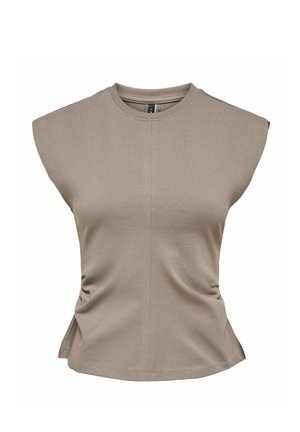 Mouwloos beige top met een ronde halslijn, gestructureerde schouders en zijkanten met plooien, getoond tegen een witte achtergrond.