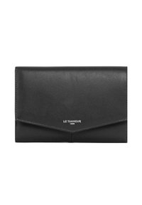 Portafoglio in pelle nera con design piegato, caratterizzato da una leggera lucentezza, logo bianco del marchio e cuciture pulite lungo i bordi.