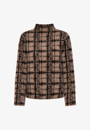 Brūns un melns pledveida džemperis ar augstu apkakli, mīkstu teksturētu audumu un garām piedurknēm. Raksturo mīksta izskata audums un vaļējs piegriezums.