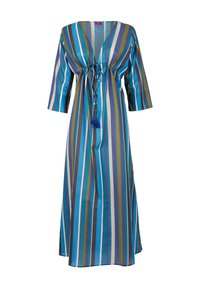 Abito maxi a righe con scollatura a V, nodo frontale e maniche tre quarti. Presenta righe verticali blu, verdi, marroni e bianche. Tessuto morbido.