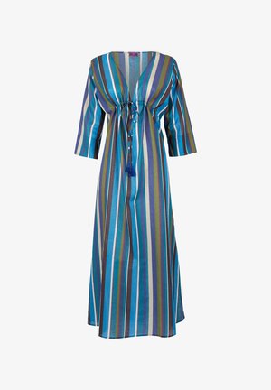 Abito maxi a righe con scollatura a V, nodo frontale e maniche tre quarti. Presenta righe verticali blu, verdi, marroni e bianche. Tessuto morbido.