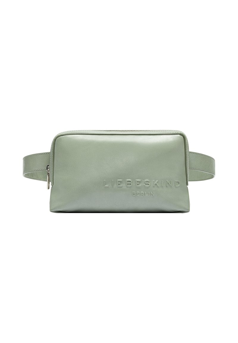 Grüner Lederkosmetikbeutel in rechteckiger Form, mit Reißverschlussverschluss und geprägtem Markenlogo auf der Vorderseite. Verfügt über einen seitlichen Griff für einfache Tragbarkeit.