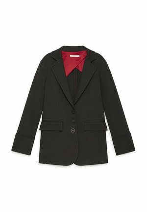 Blazer noir avec doublure intérieure rouge, fermeture à un bouton, deux poches frontales et épaules structurées. Tissu lisse avec une coupe ajustée.