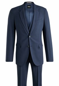 Navy blue suit with a checkered pattern, single-breasted design, notch lapels, two buttons, and side pockets. Material appears smooth.