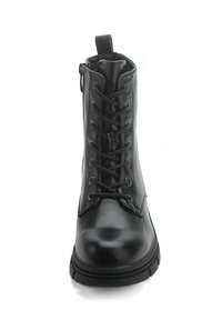 Bottines noires à bout arrondi, tige en cuir, lacets à l'avant et fermeture éclair sur le côté. Présentent une finition texturée et une semelle en caoutchouc.
