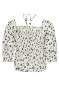 Blusa bianca con stampa floreale nera, scollatura quadrata e maniche a sbuffo. Presenta dettagli arricciati in vita e chiusura con lacci sul retro.