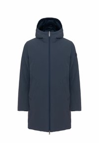 Námornícky modrá nepremokavá bunda s kapucňou, predným zipsom a bočnými vreckami. Má hladkú textúru a minimalistický dizajn.