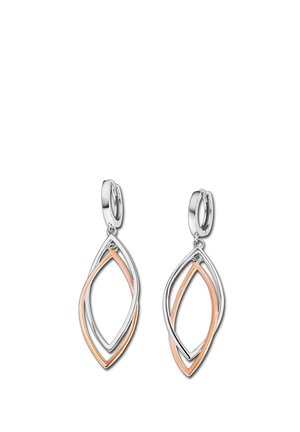 Silver and rose gold drop earrings featuring an intertwining leaf design with smooth, polished metal surfaces and a shiny finish.