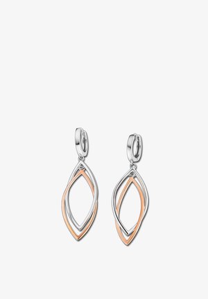 Silver and rose gold drop earrings featuring an intertwining leaf design with smooth, polished metal surfaces and a shiny finish.