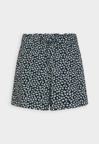 Shorts florales con un fondo azul marino oscuro, con un patrón floral en blanco y verde. Cintura elástica con detalle de lazo. Tejido ligero.